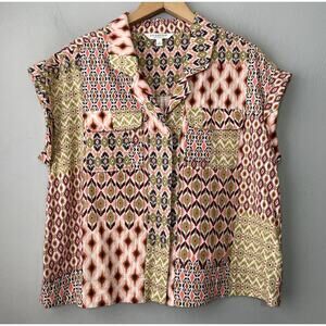 Liverpool Boxy Shirt Size Medium Cotton Geo Patchwork Button Up Top Artsy Ikat